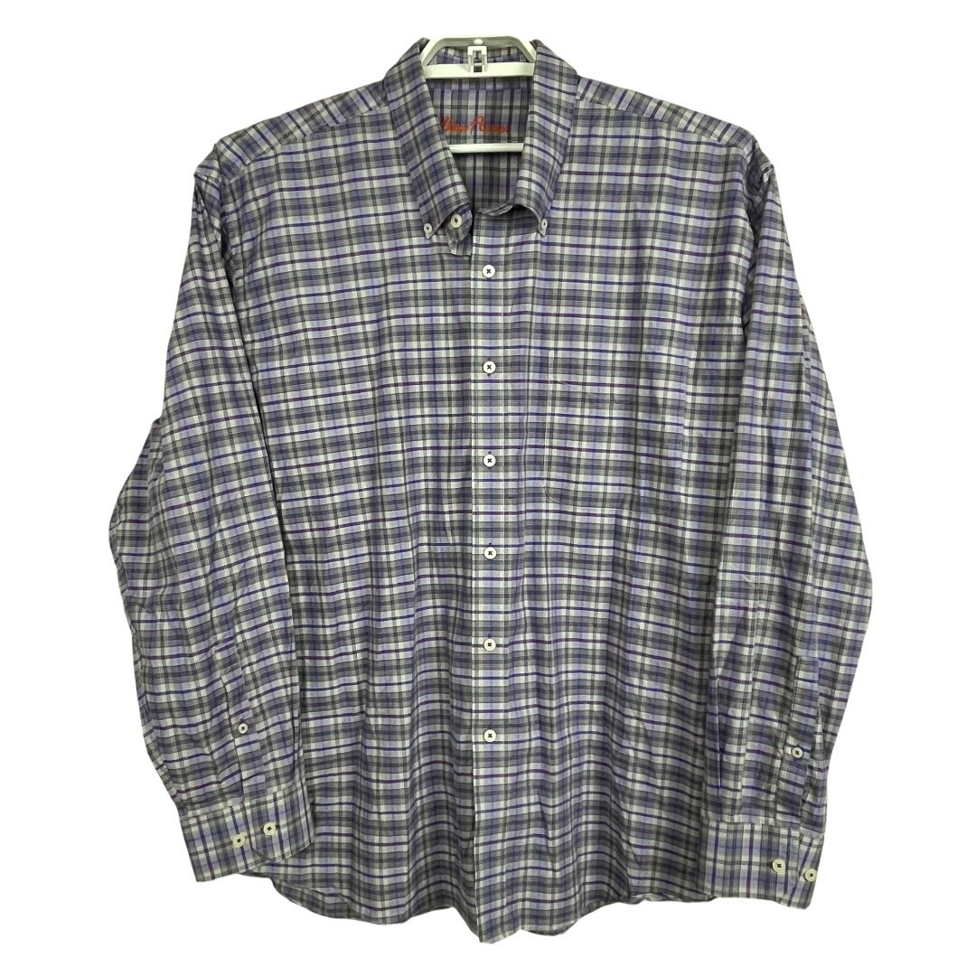 Alan Flusser Plaid Button Down Shirt Mens Xxl Purple Grey Cotton Long Sleeve